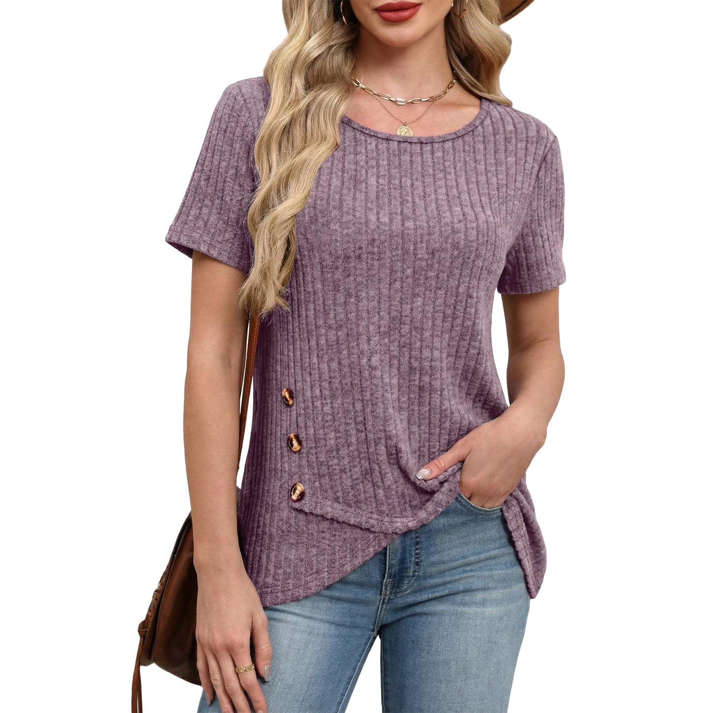 Womens Summer Tunic Tops Short Sleeve Crew Neck Casual Shirts Button Detail Loose Fit T Shirts for Daily Wear Vacation