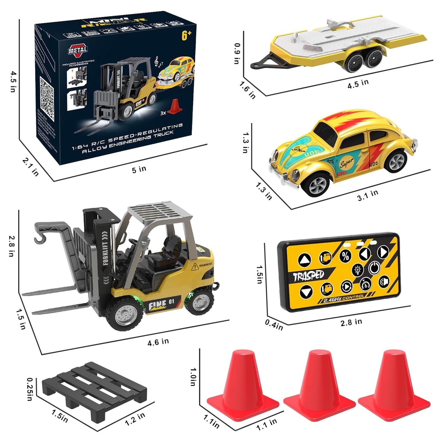 Flynow Mini RC Car Truck Forklift Toy for Kid 3+ Years Old, 1/64 Rechargeable Remote Control Trailer, Electric Vehicle with Lift Fork Hook Light Sound, Birthday Gift for Boy Age 4 5 6 7 8 9