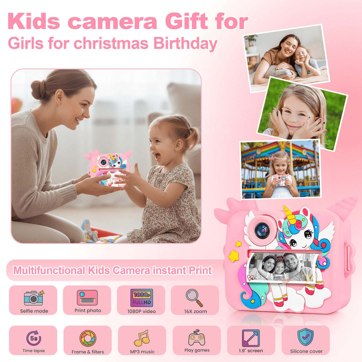 Flynow Kids Camera Toy Instant Print, Children Digital Camcorder, Christmas Birthday Gifts for Girls Boys Toddler Ages 3-12, 4 5 6 7 8 9 Year Old, 1080P HD Video with 32G SD Card Cartoon Soft Cover