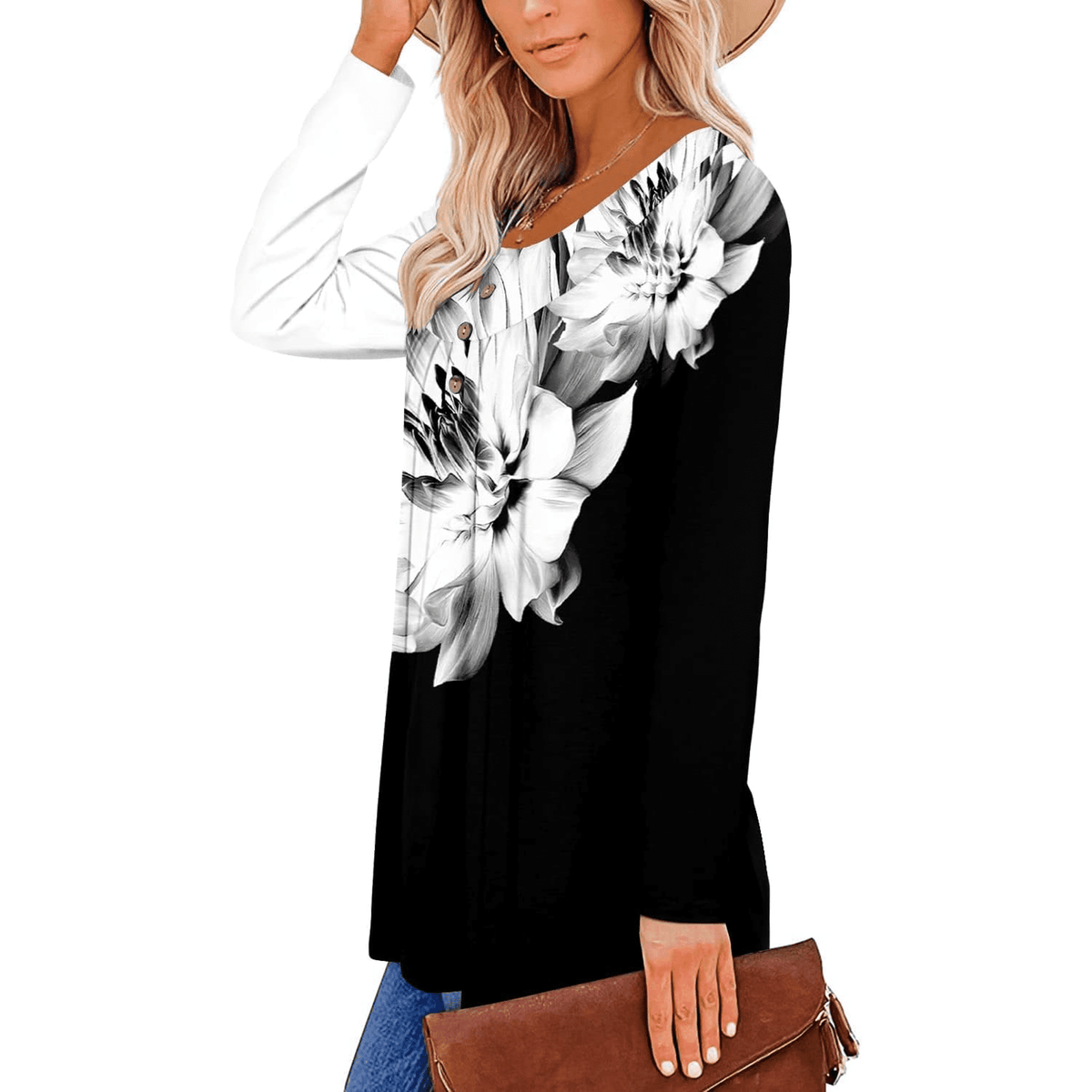 WQD Womens Long Sleeve Shirts Dressy Casual Floral Blouses Loose Tunic Tops for Fall Winter Spring (Available in Plus Size)