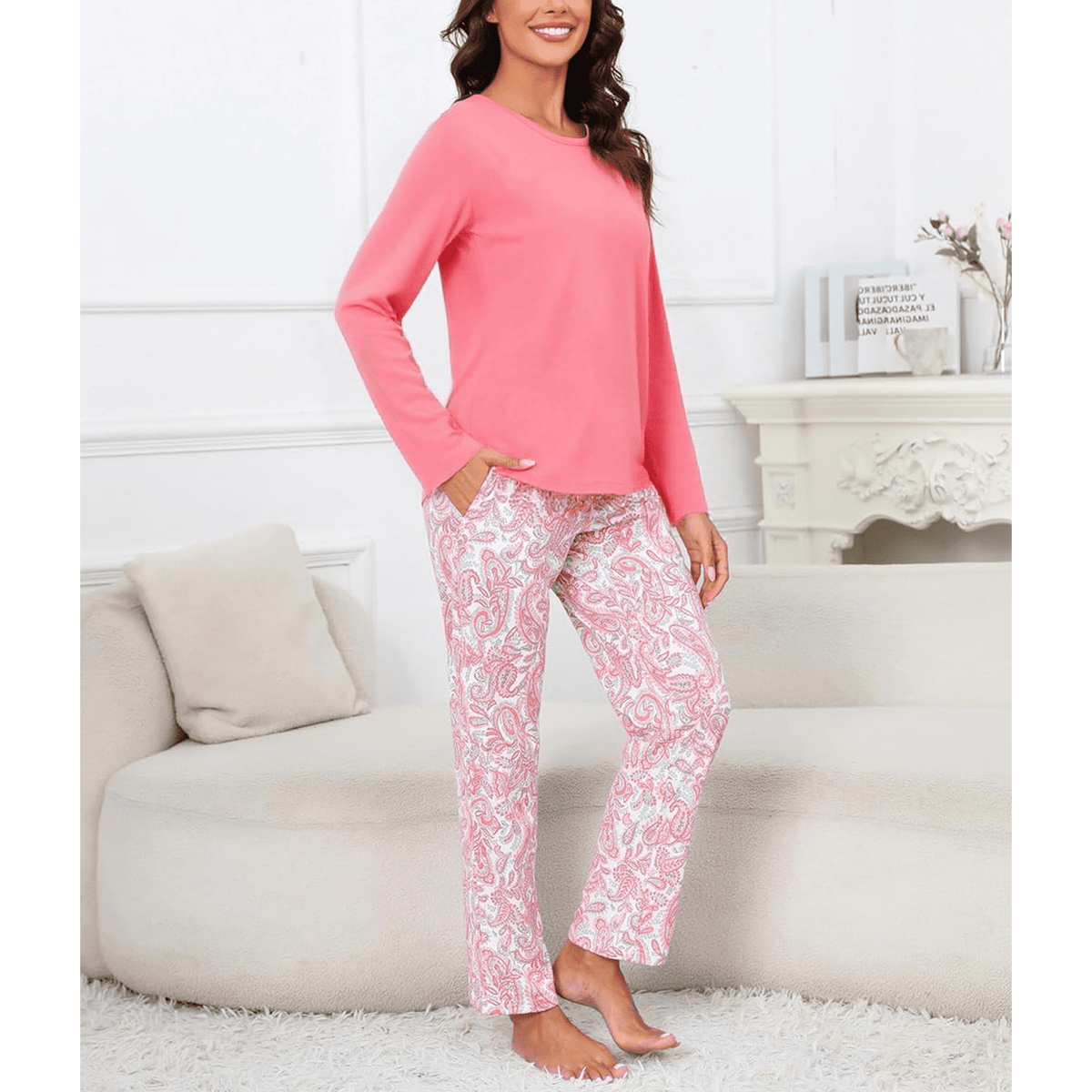 WQD Womens Pajama Sets 2 Piece Lounge Sets Soft Loungewear Comfy Pj Sets Long Sleeve Top and Pants Loose Sleepwear with Pockets for Fall Winter Spring