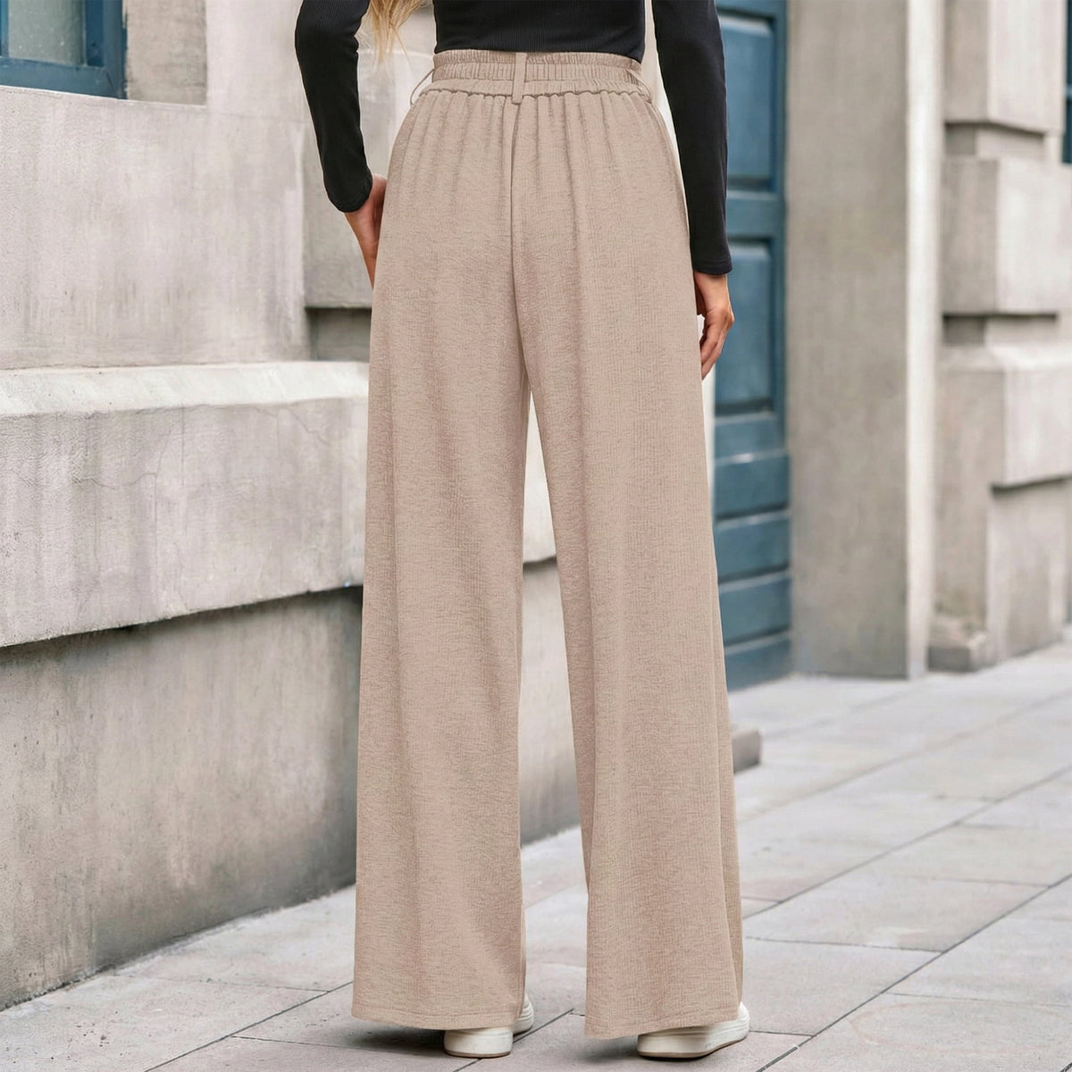 Women’s High Waisted Wide Leg Pants Casual Straight Leg Trousers with Front Pleats Elastic Back Waist Lounge Work Pants