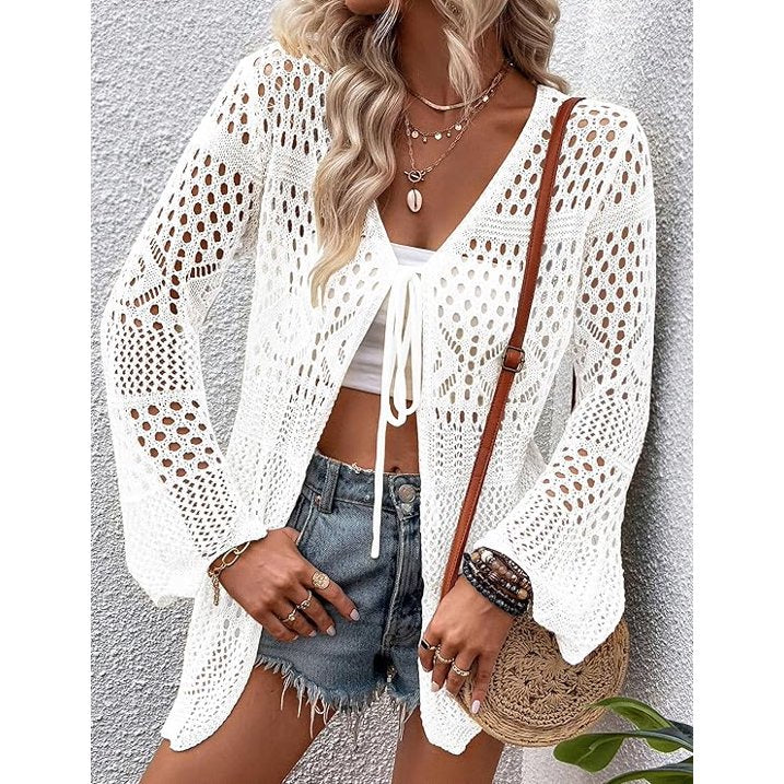 WQD Women Crochet Cardigan for Summer Spring Fall, Lightweight Oversized Tie Front Hollow Out Long Sleeves Kimono Boho Knit Beach Cover Up with Swimsuit, Bikini, Bathing Suit