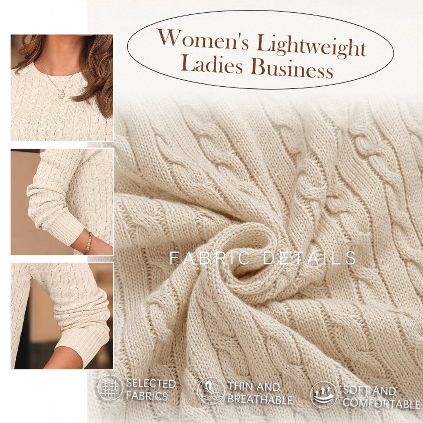 WQD Womens Sweaters Crew Neck Pullover Long Sleeve Cable Knitted Cozy Dressy Casual Ladies Fashion Tops Soft Business Trendy Classic Outfits for Spring Fall Winter
