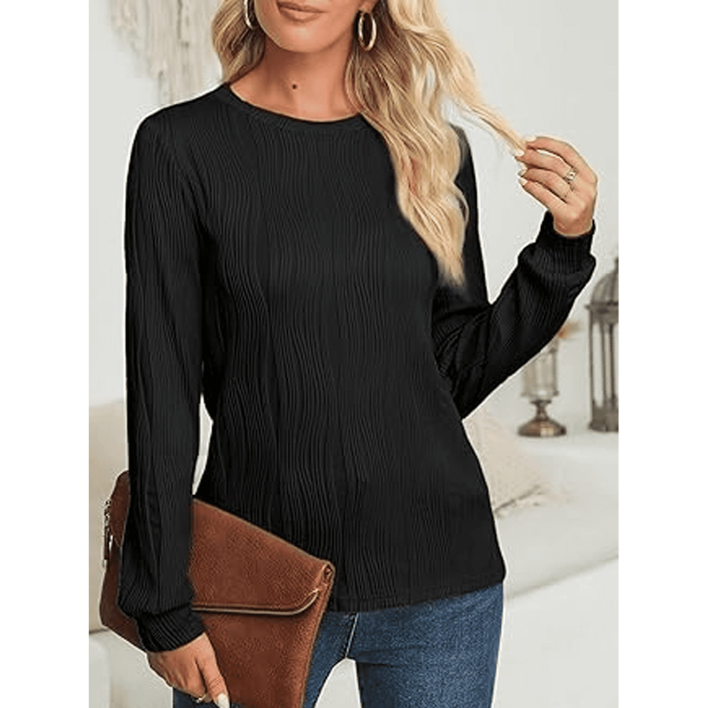 WQD Womens Long Sleeve Shirts Casual Textured Crewneck Tops Solid Tees Trendy T Shirts Casual Outfits Loose Dressy Fit Blouses Fashion Pullover Fall Spring Winter