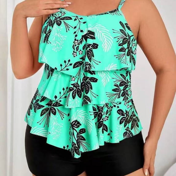 Plus Size Tankini Swimsuits for Women Tummy Control 2 Piece Bathing Suit Ruffle Flounce Swim Top with Boyshorts Modest Floral Swimwear