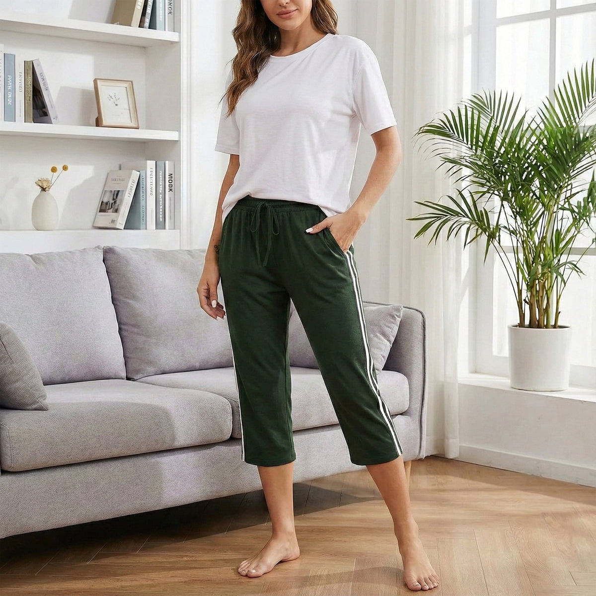 Women's Capri Yoga Pants Loose Soft High Waist Drawstring Workout Sweatpants Causal Lounge Pants Flared Leggings with Pockets for Summer