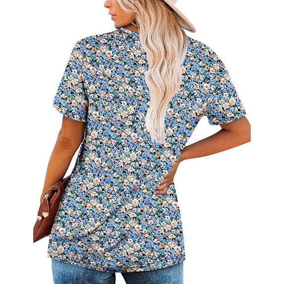Women’s Short Sleeve Floral Tops Summer Casual Loose Fit Tunic Shirts Button Detail Flowy Blouses for Leggings Jeans Daily Wear