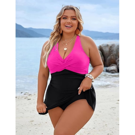 Women Plus Size Swimsuit One Piece Swim Dress Tummy Control Bathing Suits Criss Cross Modest Swimwear