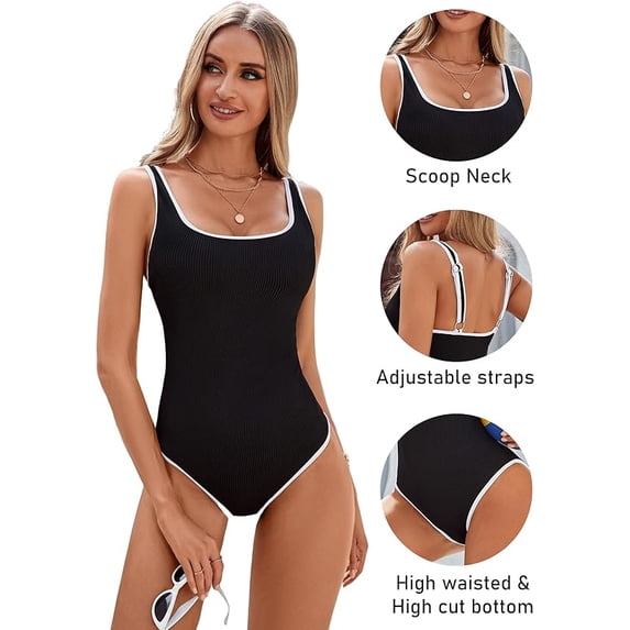Women’s Sport One Piece Swimsuit Ribbed Color Block Bathing Suit High Cut Adjustable Strap Swimwear(Available in Plus Size)