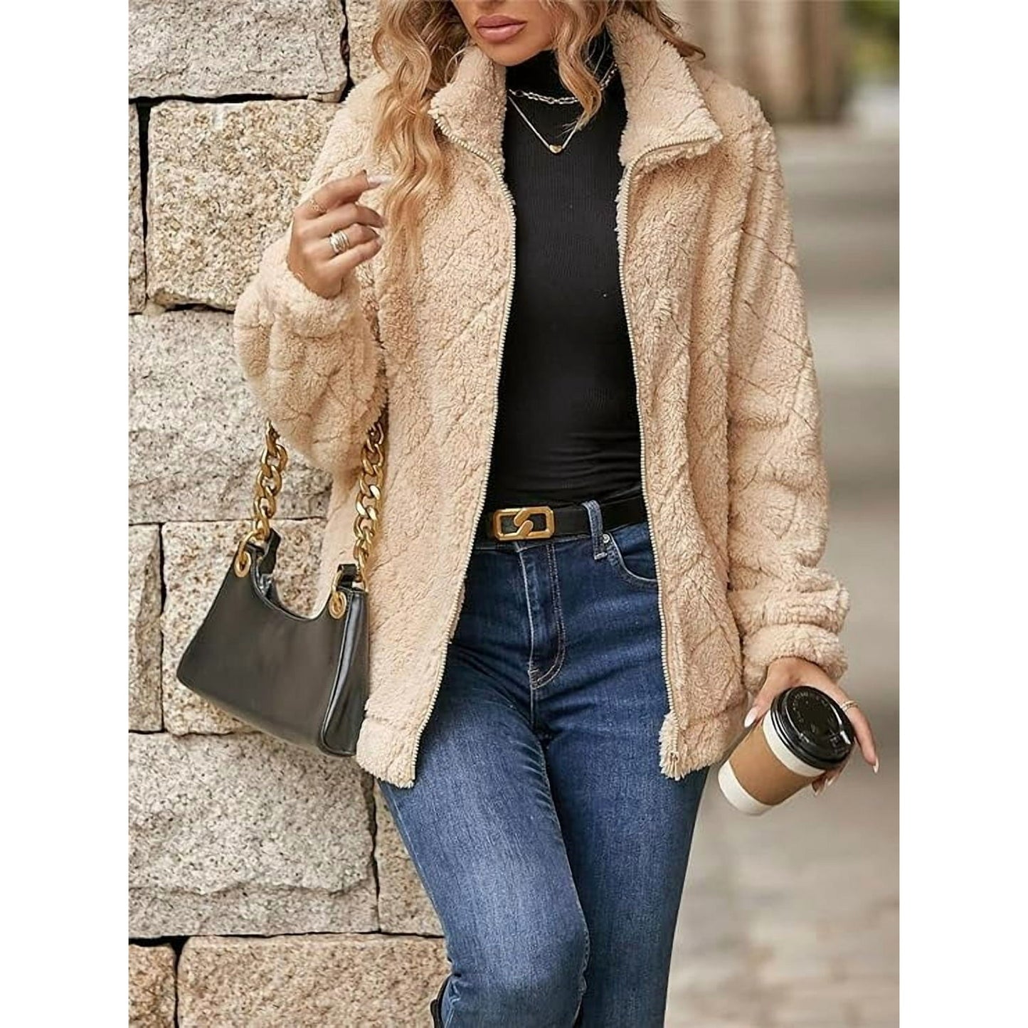 WQD Womens Sherpa Fleece Zip Up Jacket Long Sleeve Stand Collar Warm Fuzzy Teddy Coat Casual Winter Outerwear Soft Cozy Plush Sweatshirt
