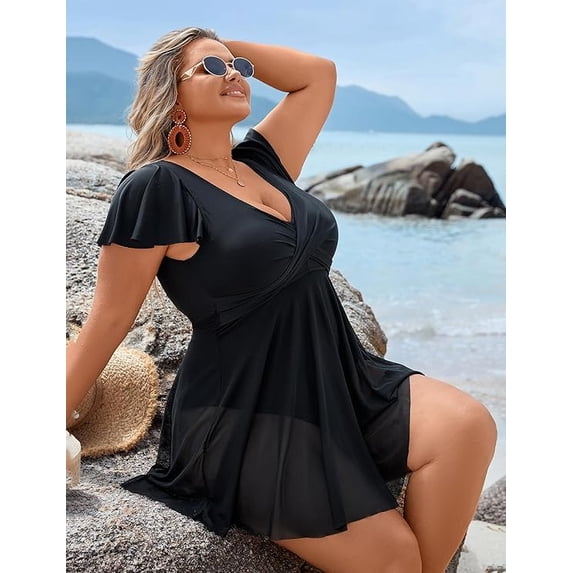 WQD Women's Plus Size Bathing Suit One Piece Swim Dress Tummy Control Swimsuits Ruffle V Neck Swimwear