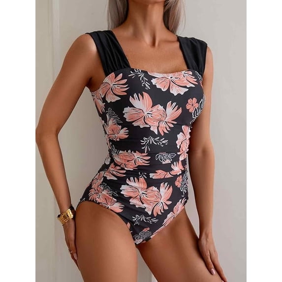 WQD Womens One Piece Swimsuit Square Neck Tummy Control Bathing Suit Ruched Retro Modest Full Coverage Swimwear