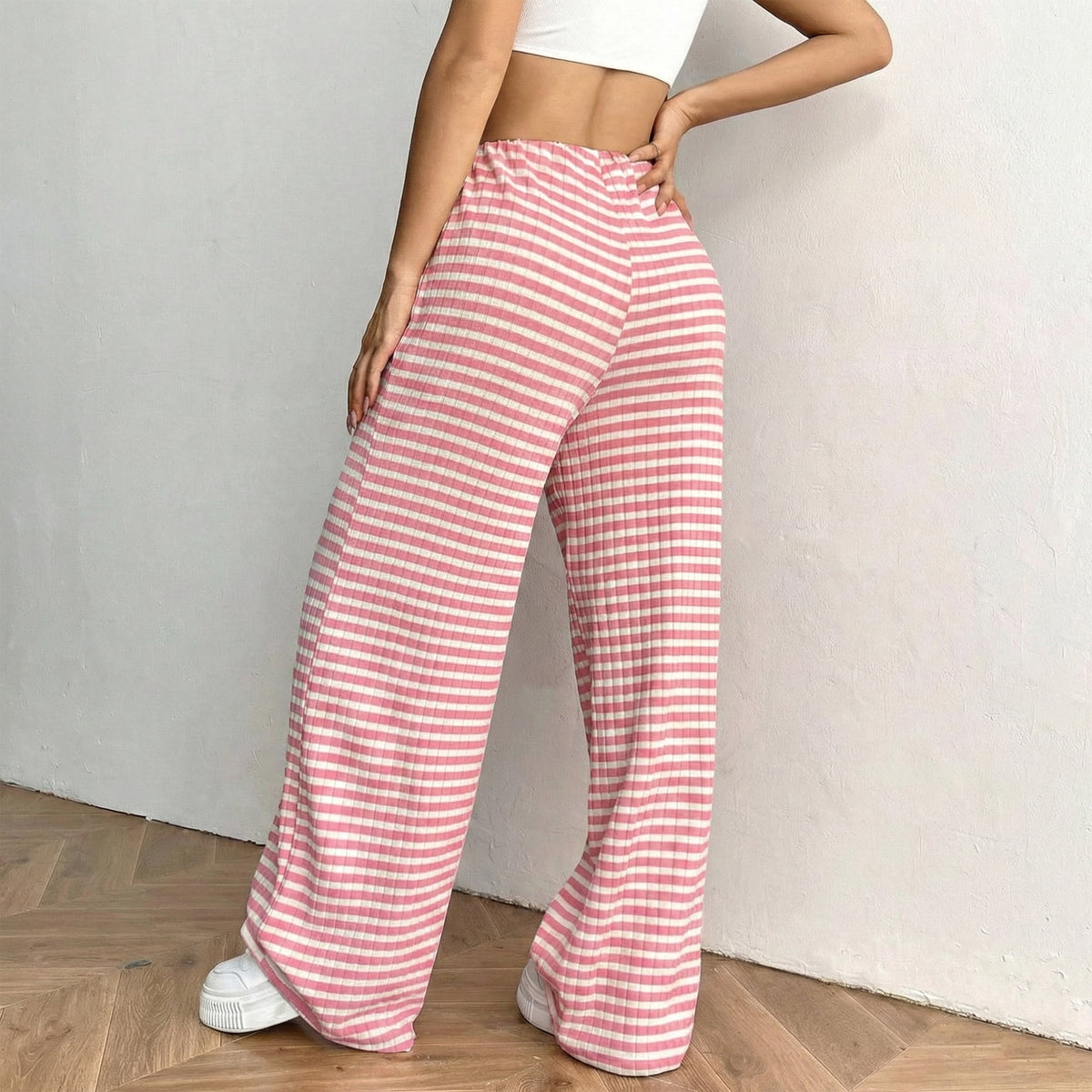 Women’s Wide Leg Palazzo Pants High Waisted Striped Knit Lounge Pants Elastic Waist Drawstring Casual Pajama Trousers