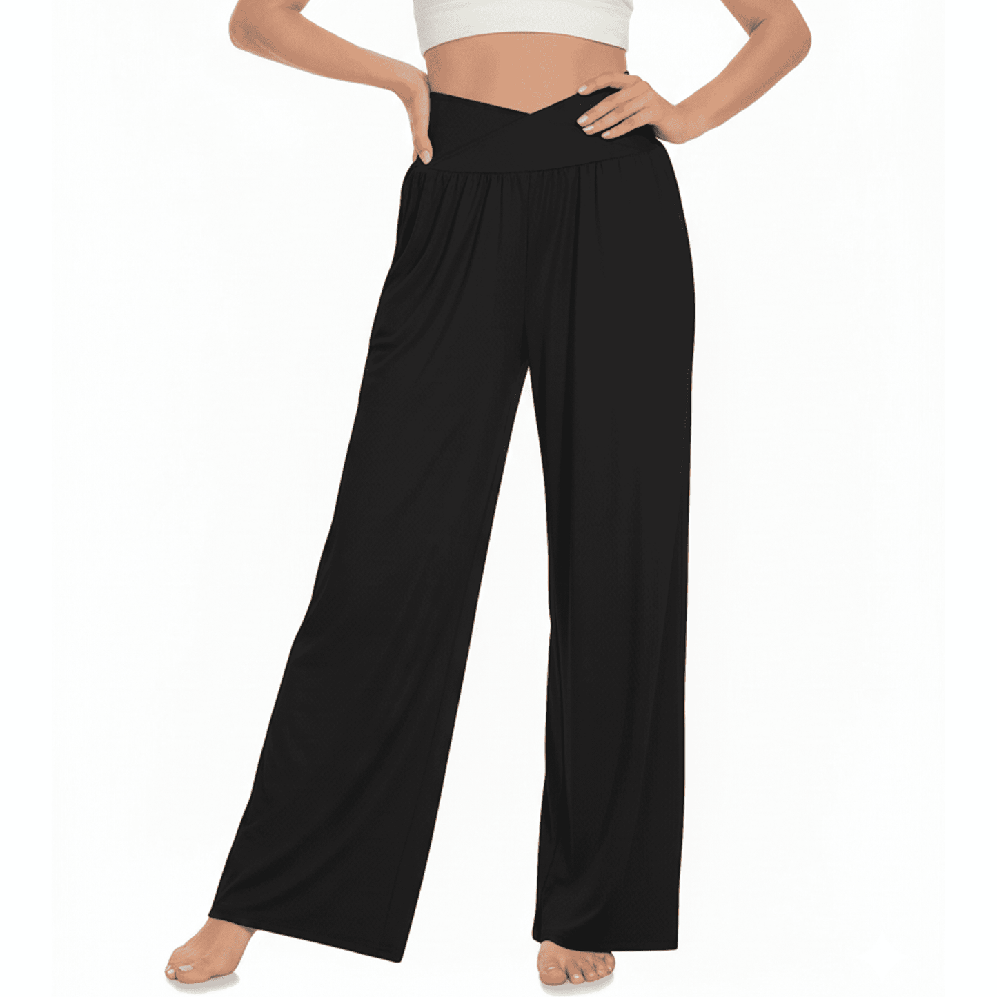 WQD Women’s Sweatpants Wide Leg Lounge Pants Crossover High Waist Yoga Pants with Pockets Comfy Loose Fit Flowy Casual Pajama Pants