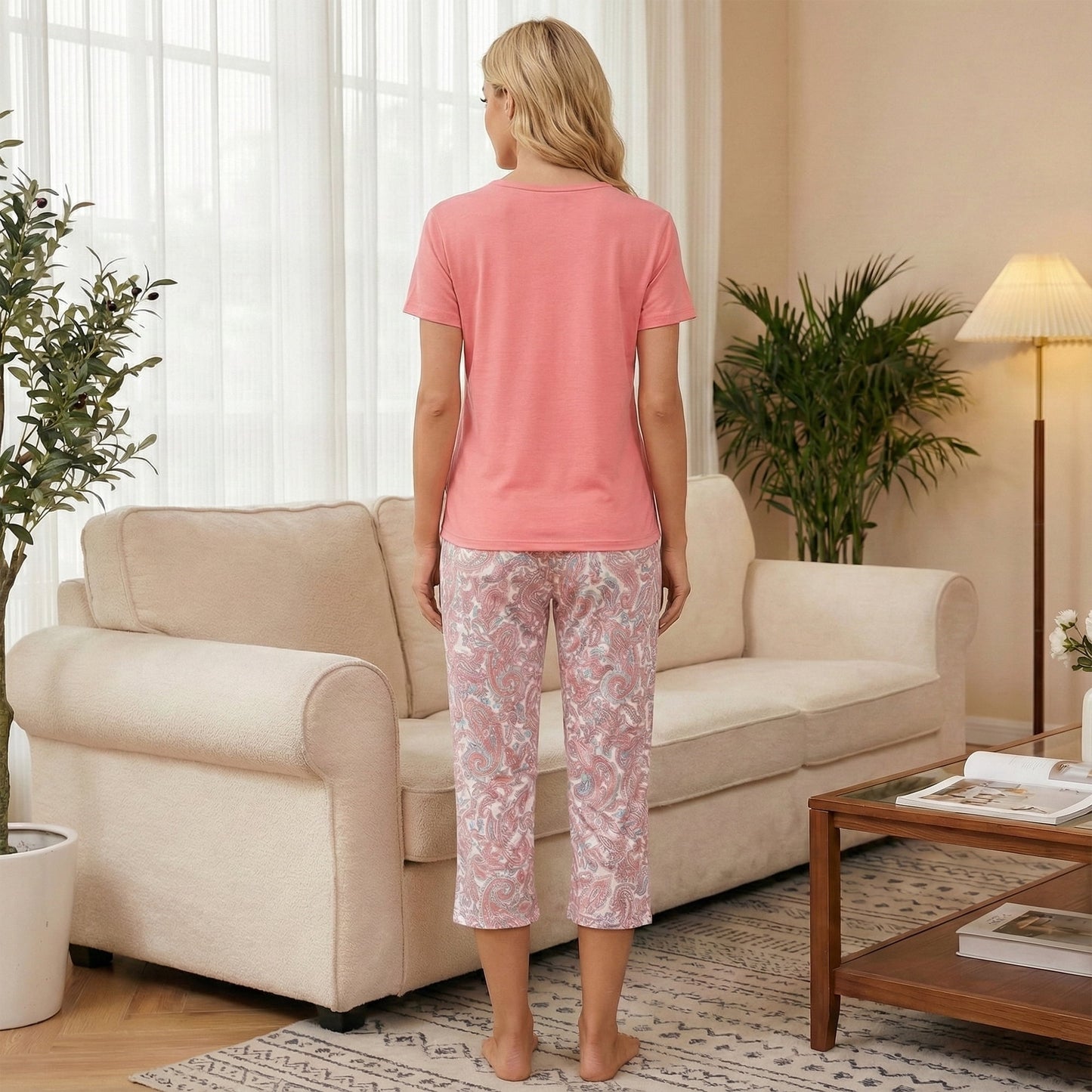 Women’s Pajama Sets 2 Piece Pj Short Sleeve Top and Capri Pants Soft Comfy Lounge Sets Casual Loose Loungewear Sleepwear with Pockets for Spring Summer Fall (Available in Plus Size)