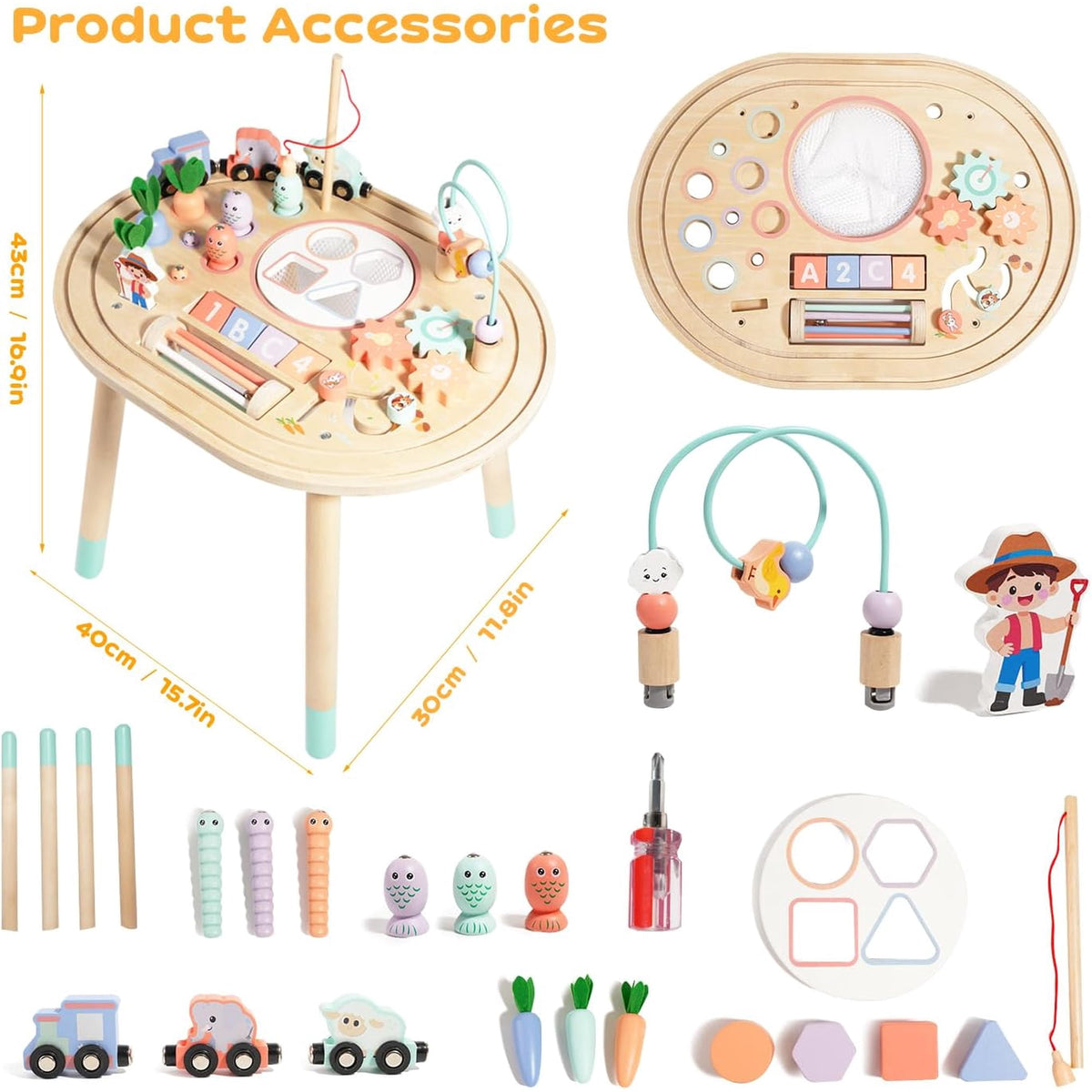 Flynow Baby Busy Board Toys 10-in-1 Wooden Sensory Activity Table, Montessori Toddler Toy Shape Sorter, Fishing, Bead Maze & Train Track, Educational Learning Birthday Gift for 1+ Year Old Boys Girls