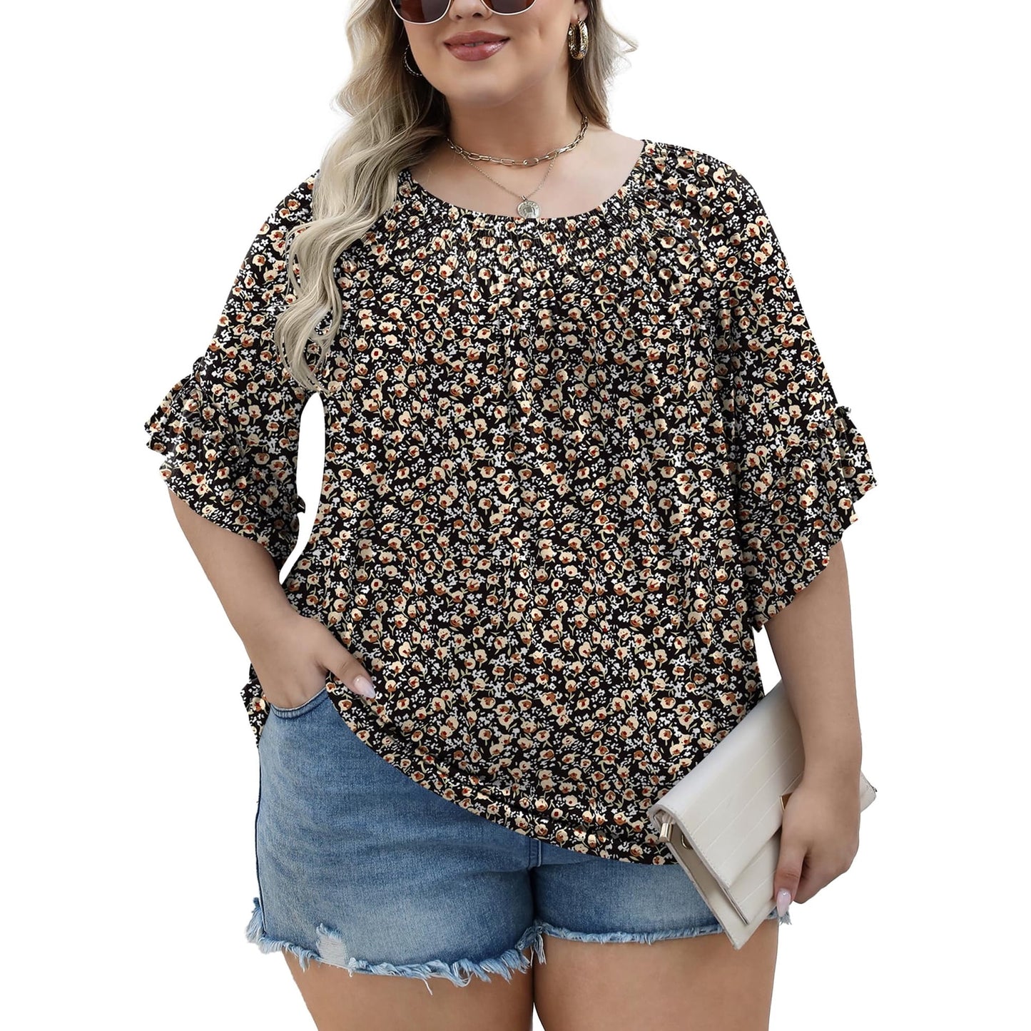 WQD Womens Plus Size Tunic Top 3/4 Ruffle Sleeve Crewneck Pleated Blouse Dressy Casual