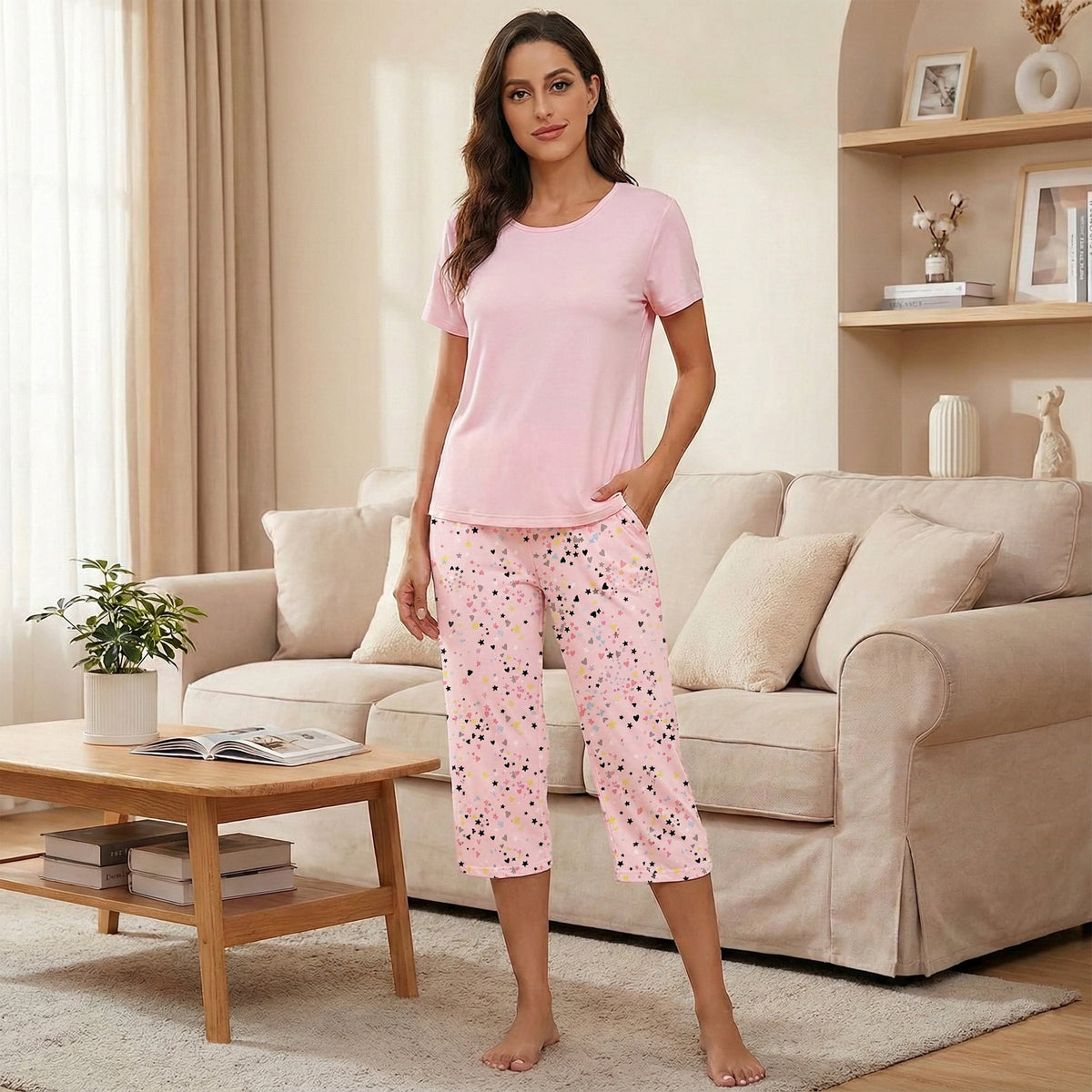 Women’s Pajama Sets 2 Piece Pj Short Sleeve Top and Capri Pants Soft Comfy Lounge Sets Casual Loose Loungewear Sleepwear with Pockets for Spring Summer Fall (Available in Plus Size)