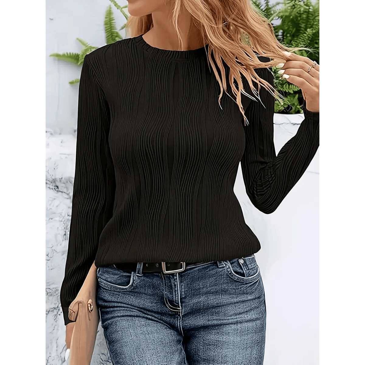 WQD Womens Long Sleeve Shirts Casual Textured Crewneck Tops Solid Tees Trendy T Shirts Casual Outfits Loose Dressy Fit Blouses Fashion Pullover Fall Spring Winter