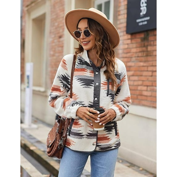WQD Womens Fleece Shacket Jacket Winter Sherpa Coat Long Sleeve Warm Fuzzy Casual Western Aztec Print Outerwear Soft Cozy Snap Button Down Fashion Top with Pockets