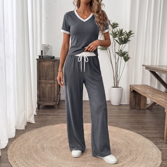Women's 2 Piece Lounge Set V Neck Short Sleeve Top and Wide Leg Pants with Pockets Casual Travel Outfit for Vacation Airport Work from Home