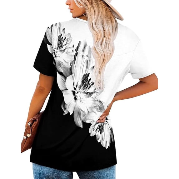 Women’s Short Sleeve Floral Tops Summer Casual Loose Fit Tunic Shirts Button Detail Flowy Blouses for Leggings Jeans Daily Wear