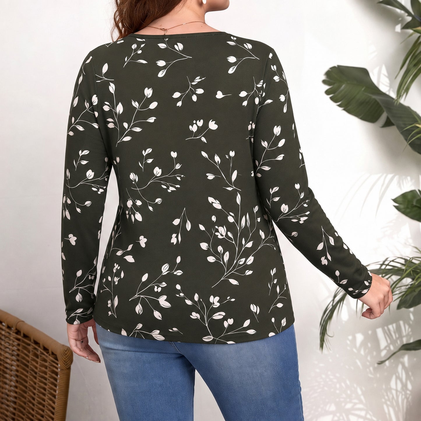 WQD Women's Long Sleeve Floral Tops V Neck Casual Tunic Shirts Lightweight Everyday Tops for Spring Fall Winter Including Plus Size