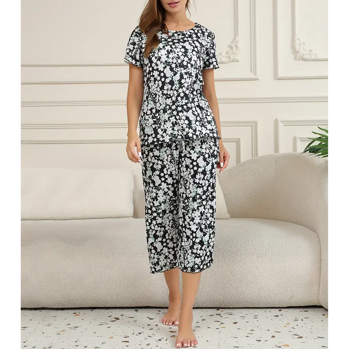 WQD Womens Pajama Sets Pj Set Floral Print Short Short Sleeve Top With Capri Pants Sleepwear 2 Piece Loungewear with Pockets