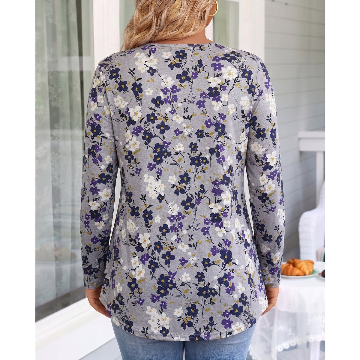 WQD Women's Long Sleeve Tunic Tops Floral Print Casual Crew Neck Pleated Blouse Loose Fit Flowy Shirts Dressy Casual Tops for Leggings S-4XL Plus Size