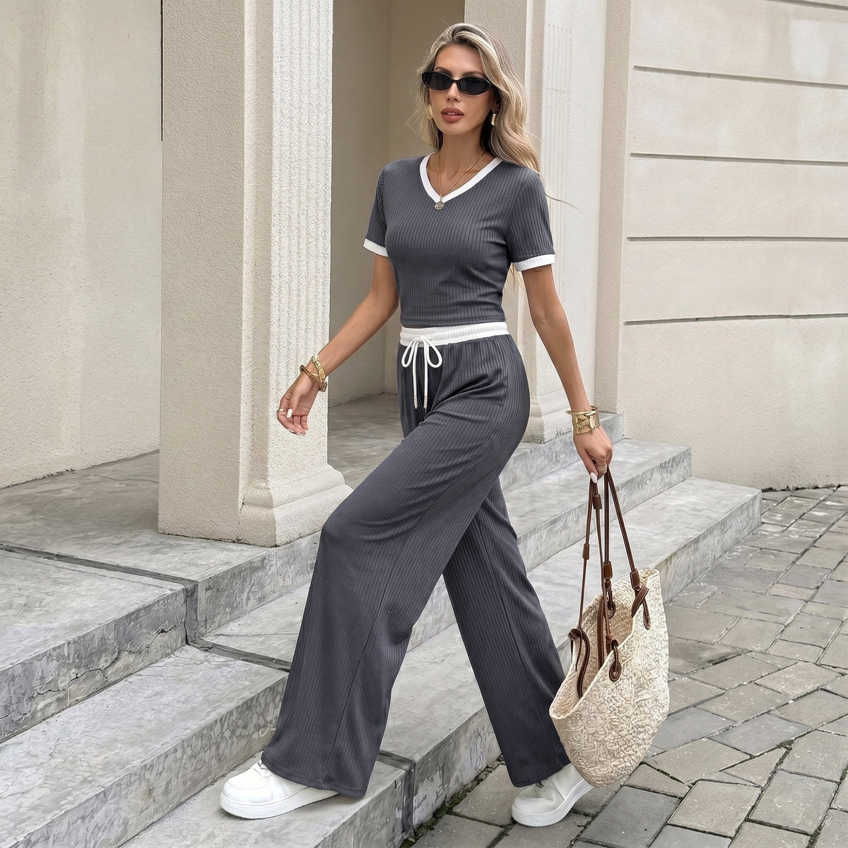 Women's 2 Piece Lounge Set V Neck Short Sleeve Top and Wide Leg Pants with Pockets Casual Travel Outfit for Vacation Airport Work from Home