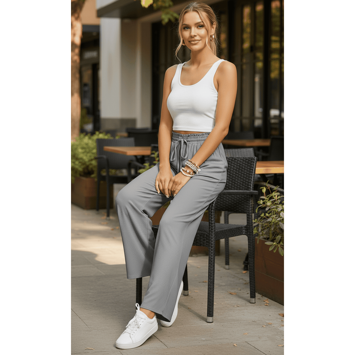 Women’s Casual Wide Leg Sweatpants Flowy Lounge Pants with Pockets Adjustable Tie Knot Elastic Waist Pajama Pants