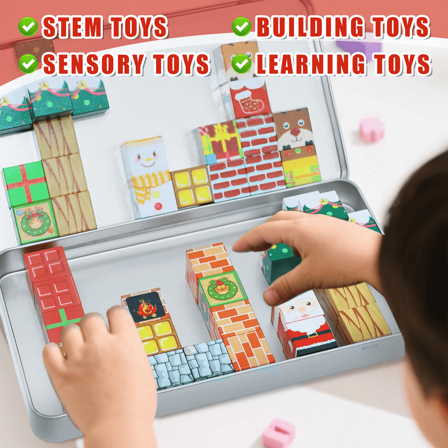 Flynow Magnetic Blocks Set, 45PCS Educational STEM Christmas Travel Building Toys for Kids 3+, Portable Magnetic Block with Metal Storage Box, Toddler Learning Toys for Boys Girls 4-8 Birthday Gift