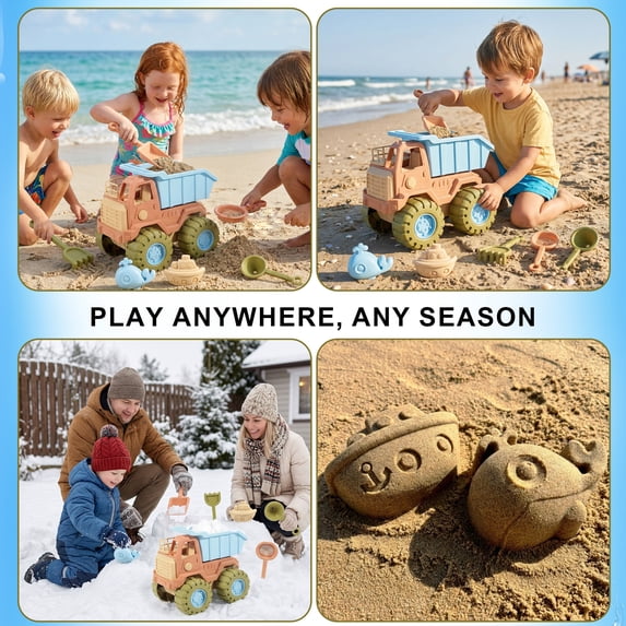 Flynow 7 Pcs Beach Toy Set for Kids 3+ Years Old, Friendly Travel Play Sand Construction Set, Sand Castle Building Kit, Car Toy Set Birthday Gift for Girl Boy Age 3 4 5 6 7 8