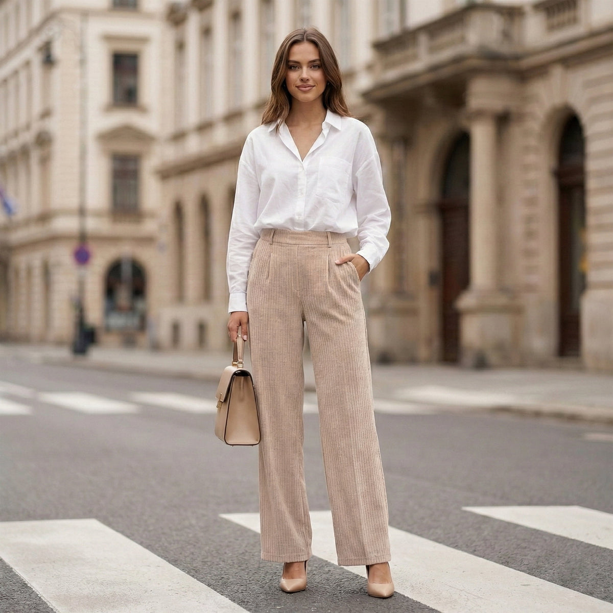 Women’s High Waisted Wide Leg Pants Casual Straight Leg Trousers with Front Pleats Elastic Back Waist Lounge Work Pants