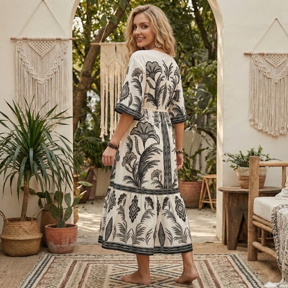 Women's Floral V Neck Maxi Dress Short Sleeve Shirred Flowy Summer Dresses