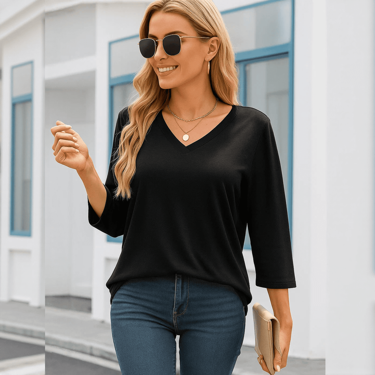 WQD 3/4 Length Sleeve Womens Tops V Neck Casual Tunic Shirts Basic T shirt Loose Fit Blouse Fashion Clothes Trendy Outfits for Fall Winter Spring