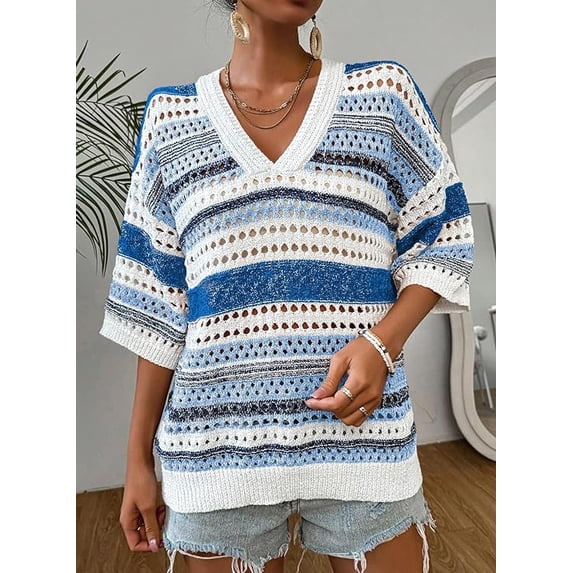 Women’s Crochet Sweater Top V Neck Cap Short Sleeve Spring Summer Knit Shirt Loose Hollow Out Striped Pullover Beach Vacation Cruise Casual Fashion Clothes