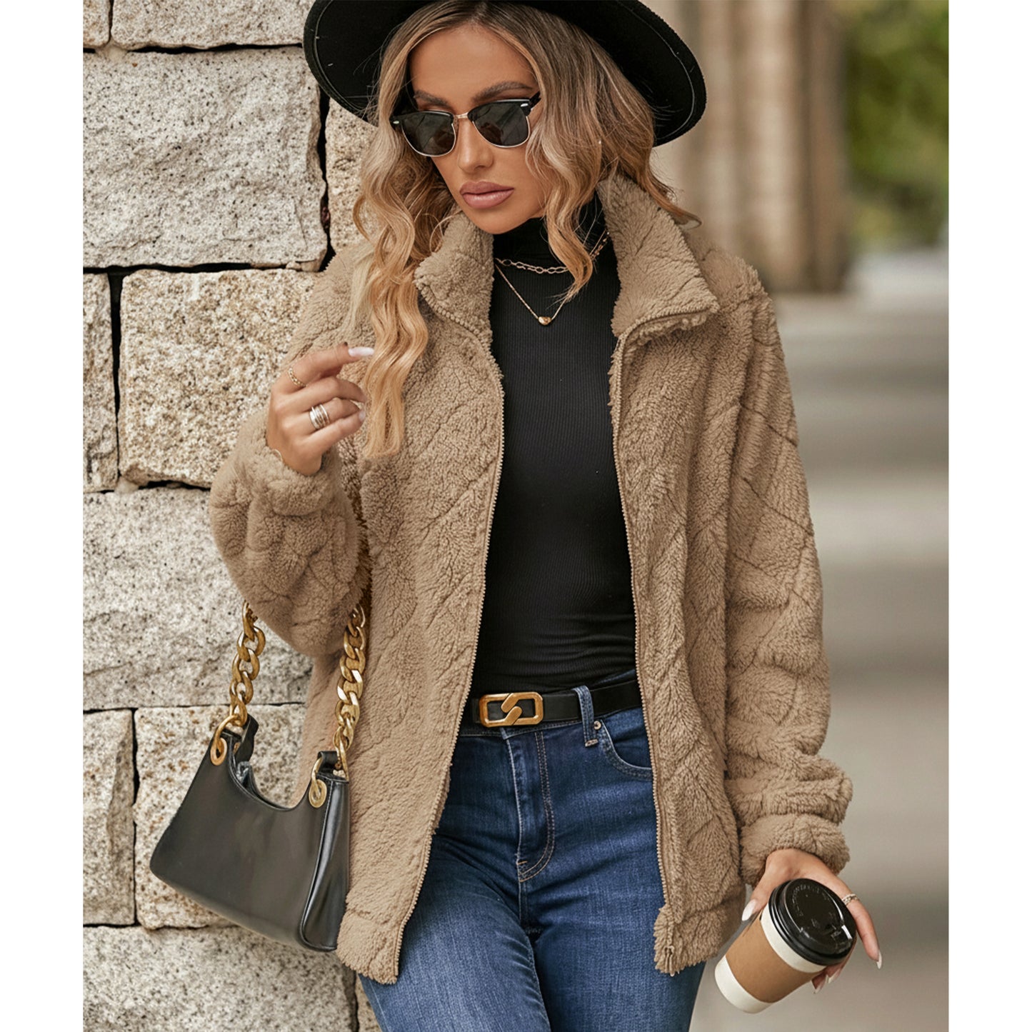 WQD Womens Sherpa Fleece Zip Up Jacket Long Sleeve Stand Collar Warm Fuzzy Teddy Coat Casual Winter Outerwear Soft Cozy Plush Sweatshirt