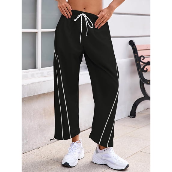 WQD Womens Workout Pants Baggy Wide Leg Pants Casual Elastic High Waist Drawstring Hiking Workout Cropped Track Loose Pants with Pockets