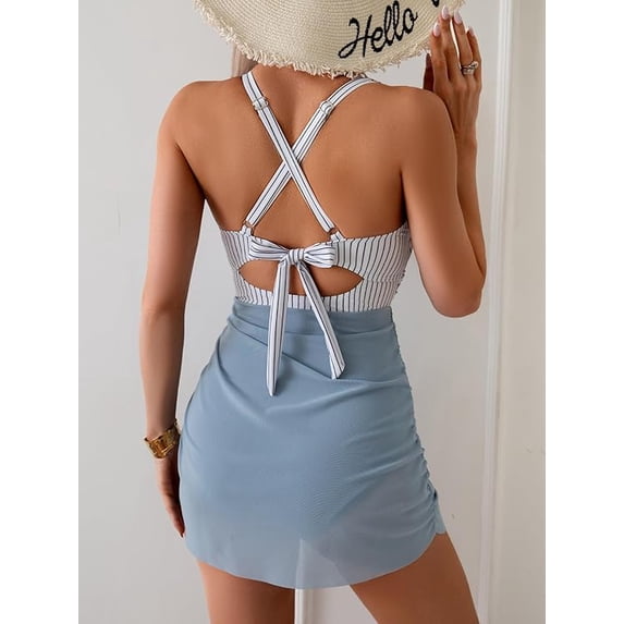 Women’s One Piece Swimdress Swimsuit Mesh Sarong Wrap Skirt Tummy Control V Neck Cutout Bathing Suit Drawstring Swimwear