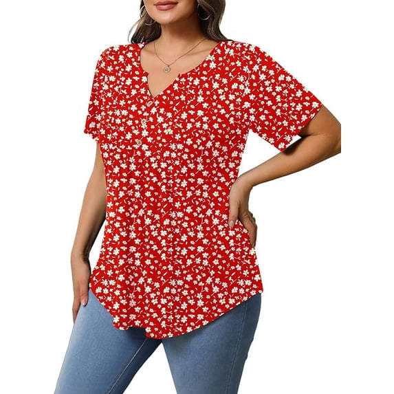 Womens Plus Size Tunic Tops Summer Short Sleeve V Neck Floral Blouse Casual Loose Fit Pleated Button Down Dressy T Shirts for Work, Travel & Everyday Wear