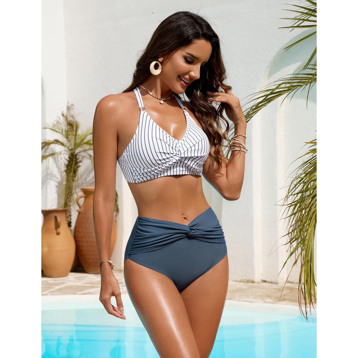 Women’s High Waisted Bikini Set Tummy Control Two Piece Swimsuit V Neck Twist Front Bikini Top & High Rise Bathing Suit Bottoms