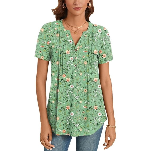 Women’s Summer Floral Tops Short Sleeve Henley Shirt Button Down Casual Loose Fit Lightweight Tunic Blouse for Daily Wear(Available in Plus Size)