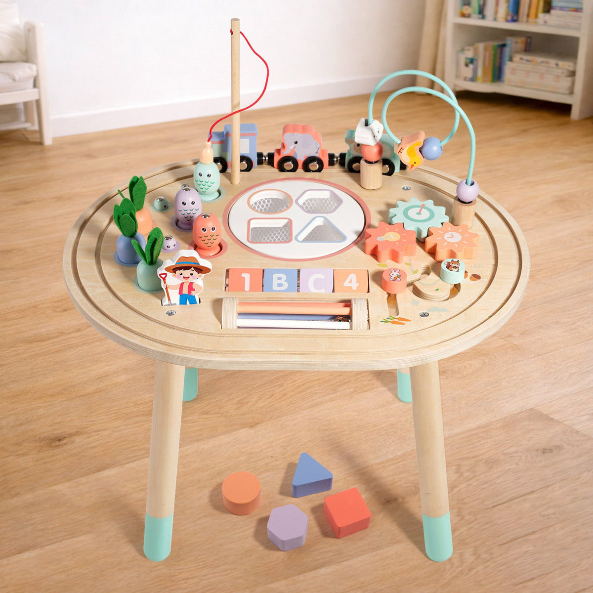 Flynow Baby Busy Board Toys 10-in-1 Wooden Sensory Activity Table, Montessori Toddler Toy Shape Sorter, Fishing, Bead Maze & Train Track, Educational Learning Birthday Gift for 1+ Year Old Boys Girls
