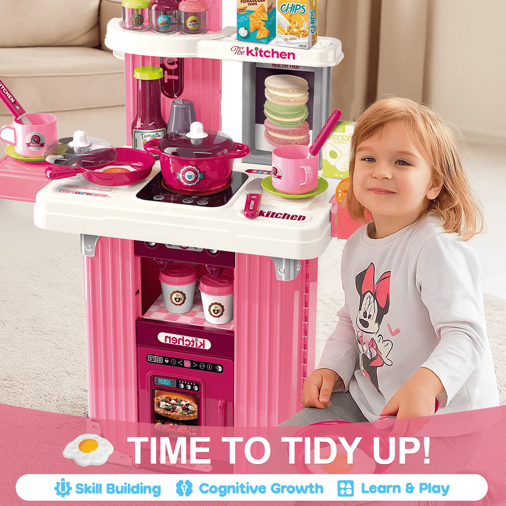 Flynow Kids Kitchen Playset Toys, Kitchenette Pretend Play for Toddler 1-3 Year Old, 42pcs Interactive Toy Accessories with Lights Sounds, Christmas Birthday Gift for Girls Age 2 4 5 6 7 8 9 10