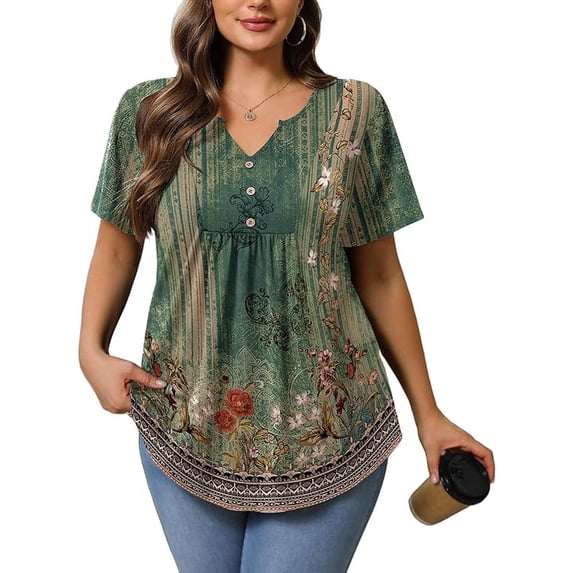Womens Plus Size Tunic Tops Summer Short Sleeve V Neck Floral Blouse Casual Loose Fit Pleated Button Down Dressy T Shirts for Work, Travel & Everyday Wear