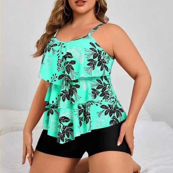 Plus Size Tankini Swimsuits for Women Tummy Control 2 Piece Bathing Suit Ruffle Flounce Swim Top with Boyshorts Modest Floral Swimwear