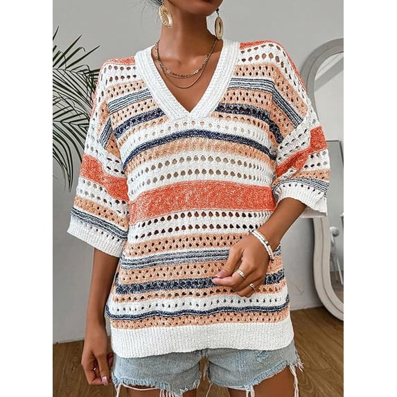 Women’s Crochet Sweater Top V Neck Cap Short Sleeve Spring Summer Knit Shirt Loose Hollow Out Striped Pullover Beach Vacation Cruise Casual Fashion Clothes