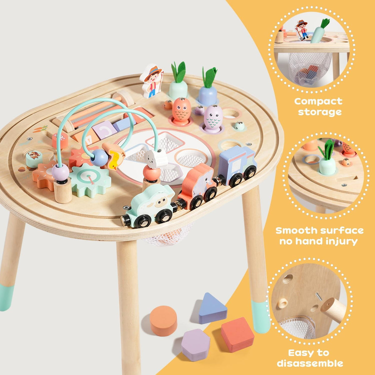 Flynow Baby Busy Board Toys 10-in-1 Wooden Sensory Activity Table, Montessori Toddler Toy Shape Sorter, Fishing, Bead Maze & Train Track, Educational Learning Birthday Gift for 1+ Year Old Boys Girls